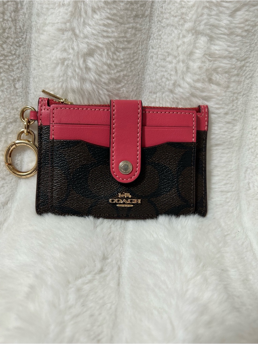 Coach Brown Signature Card Case with Pink Trim and Gold Hardware